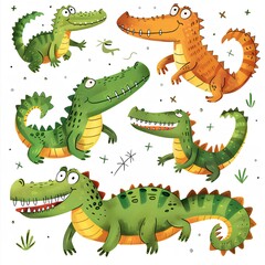 Color childish illustration with crocodiles on white background, cartoon illustration generated with AI.