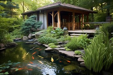Obraz premium Privacy Haven: Serene Koi Pond Garden Patio Inspirations with Secluded Screens