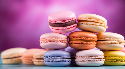 Obraz premium A high dynamic range photo of a pile of colorful macarons, in shades of pink, green, and yellow, set against a solid pastel violet background, emphasizing their delicate beauty.