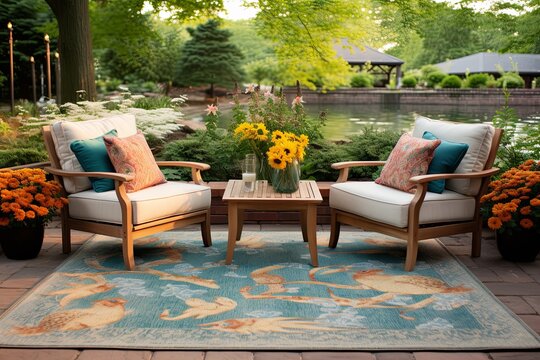 Tranquil Koi Pond Garden Patio: Serene Inspiration with Outdoor Rug for Added Coziness