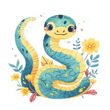 Cute snake cartoon illustration on white background generated with AI. illustration for kids