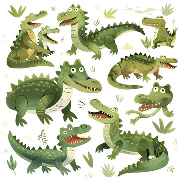 Color childish illustration with crocodiles on white background, cartoon illustration generated with AI.