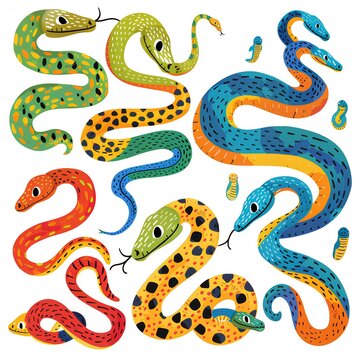 Color childish illustration with snakes on white background, cartoon illustration generated with AI.