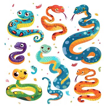 Color childish illustration with snakes on white background, cartoon illustration generated with AI.