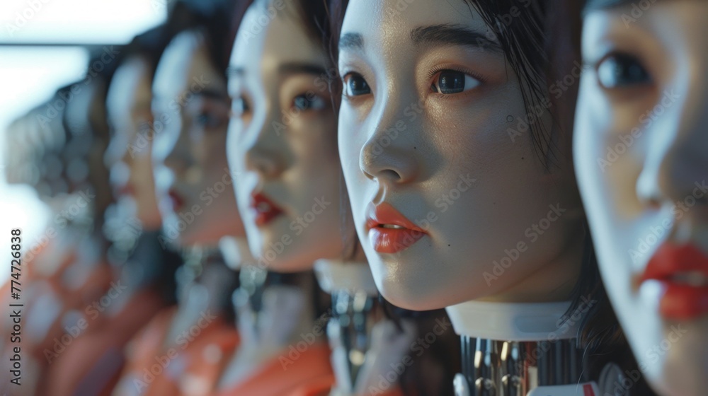 Poster row of female androids with human-like features in profile view