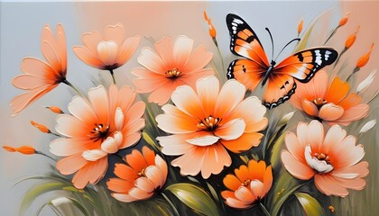 spring flowers painted with oil paints on canvas in peach tones and bright orange butterfly - Powered by Adobe