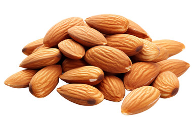 A mound of almonds scattered on a bright white surface