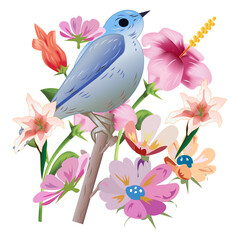 Bird and Spring Flowers Vector Illustration