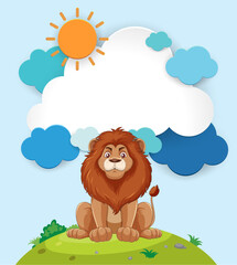 Cartoon lion sitting under a bright sun and clouds