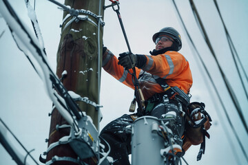 Electric Company Worker Inspecting a Utility Pole