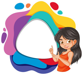 Cartoon girl presenting a vibrant abstract frame