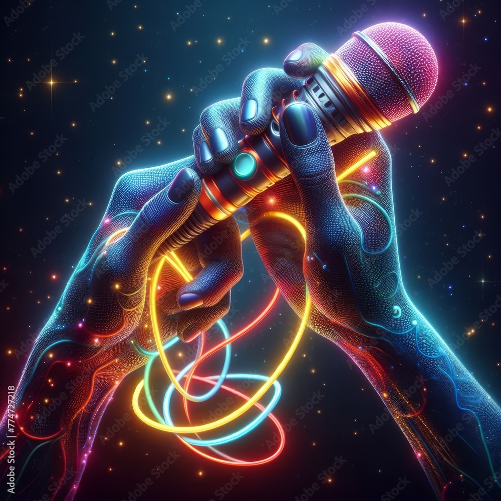 Poster a digital image showcasing intertwined hands holding a microphone amidst swirling neon lines and a c