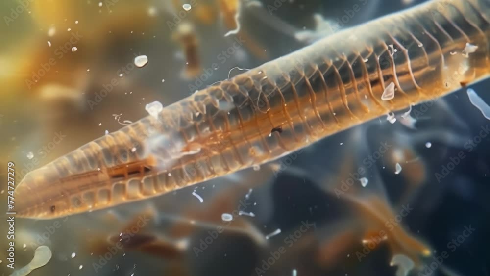 Poster magnified view of a thin long worm egg with a translucent smooth surface. the egg is surrounded by d