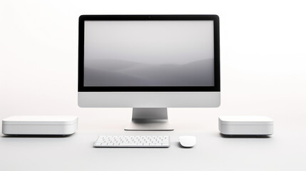 A computer monitor sits on a desk with a mouse and a keyboard