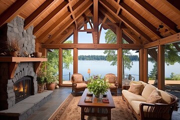 Fototapeta premium Wood Beams Wonder: Serene Lakeside Cabin Designs with Architectural Interest