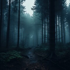 Dark forest with fog and beautiful colors