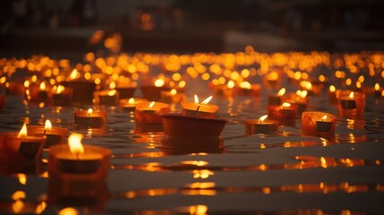 Many oil lamps, Diya, floating on the river to celebrate the Diwali festival.