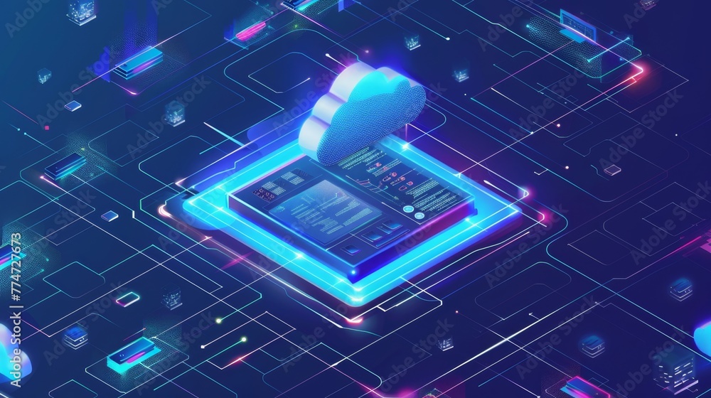 Fototapete Futuristic AI Technology Concept With Glowing Processor and Data Cloud