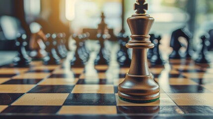 A chessboard placed on the table, pieces strategically positioned to represent a business situation
