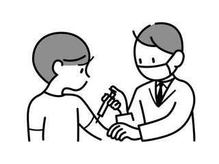 予防接種を受ける男の子のモノクロームのイラスト