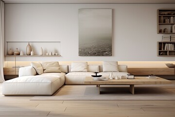 Fototapeta na wymiar Open Space Tranquility: Serene Minimalist Living Room Decors