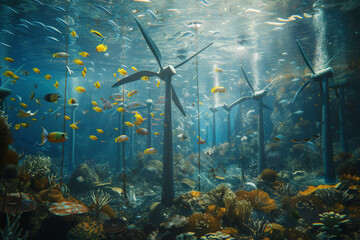 A large underwater scene with a lot of fish and a wind turbine