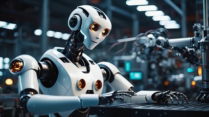 Fototapeta premium Futuristic robot working on a factory.Ai generative