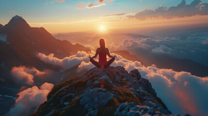 Woman in yoga pose sitting on rock, mountain - obrazy, fototapety, plakaty