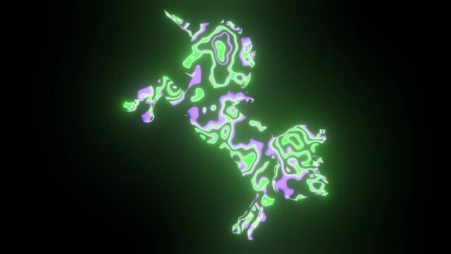 4K video animation of beautiful green texture or pattern formation on the unicorn body shape, isolated on a black background. 3d rendering abstract loop animation neon lighting effect on unicorn.