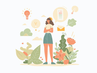Fototapeta na wymiar white background, Being proactive in pursuing one's goals and dreams, in the style of very simple and colorful flat illustrations, full body, text-based