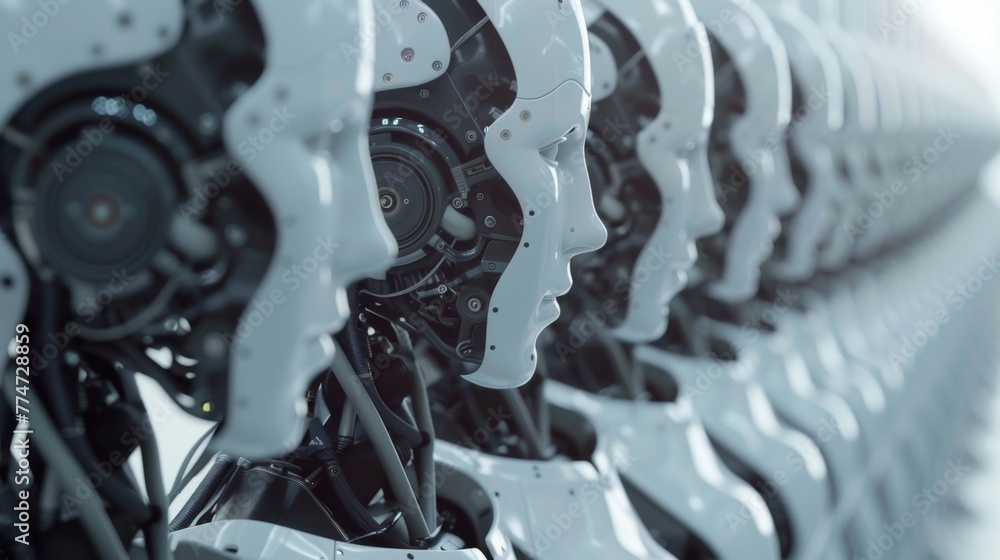 Poster row of advanced humanoid robot heads in a futuristic facility
