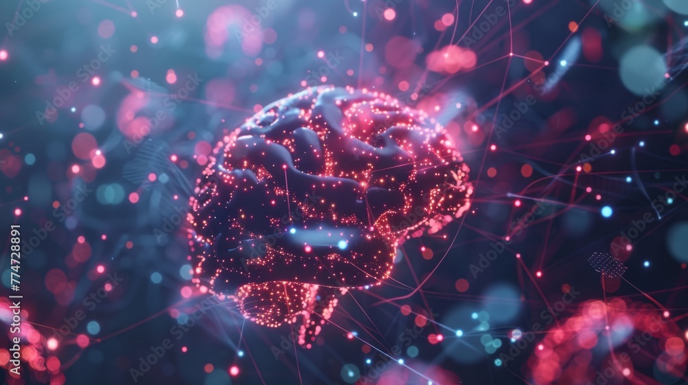 Aufkleber Glowing Neon Brain With Network Connections on a Dark Background