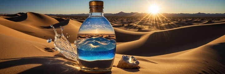 Obraz premium A closed bottle of crystal-clear water in the heart of the desert against the backdrop of yellow-white dunes and blue sky.