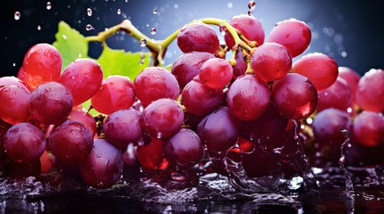 A vibrant HDR image of a bunch of grapes plunging into water, with droplets flying and the grapes' reflection visible on the water surface. - Powered by Adobe
