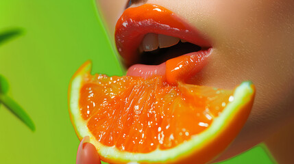 A woman with orange lips. The woman is holding a slice of orange in her mouth. a woman's lips glossed with vibrant orang, holding a slice of citrus fruit against a bold lime green backdrop