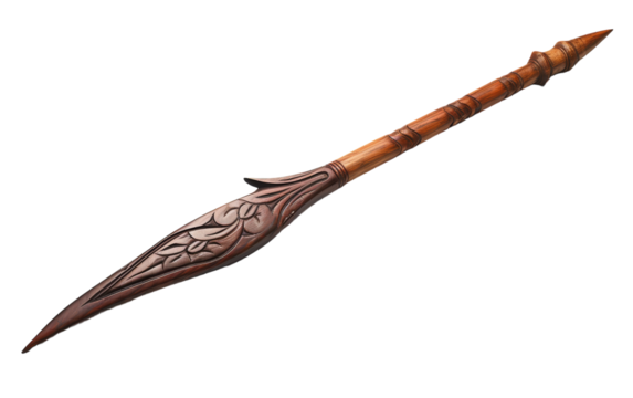 A unique wooden sword featuring a detailed carved design on its surface