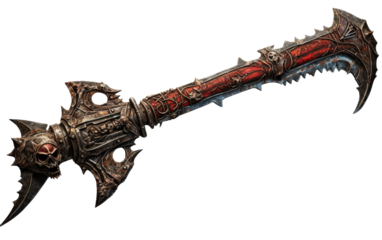 A large knife with a striking red and black handle, ready for any cutting task