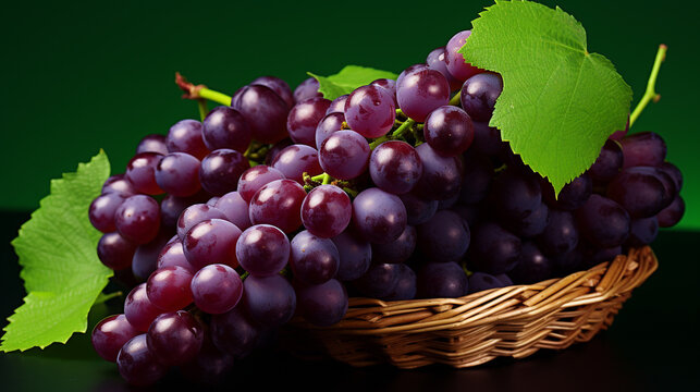 A vibrant HDR image of a bunch of purple grapes against a solid green background, highlighting the grapes' juiciness and natural gloss.