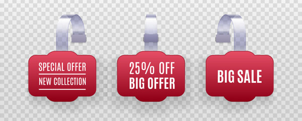 Discount sticker, special offer, plastic price banner, label for your design. Set of realistic detailed 3d red wobbler promotion sale labels isolated on a transparent background.