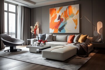 Sleek Urban Apartment Living Room Decor: Abstract Artistic Touches
