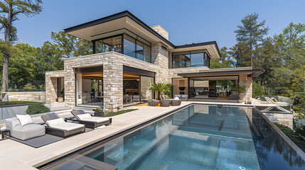Luxury modern house with swimming pool, outdoor patio area, and lush greenery.