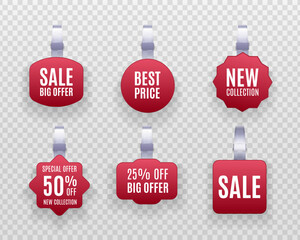 Discount sticker, special offer, plastic price banner, label for your design. Set of realistic detailed 3d red wobbler promotion sale labels isolated on a transparent background. - obrazy, fototapety, plakaty