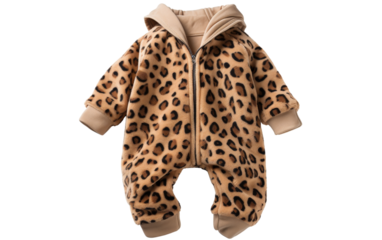 A baby dressed in a leopard print onesie gazes adorably at the camera