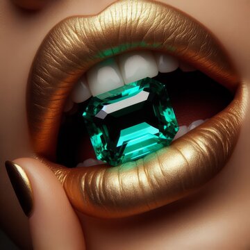 Gold-painted lips gently hold a large emerald gemstone, showcasing luxury and wealth in a detailed close-up. AI Generation