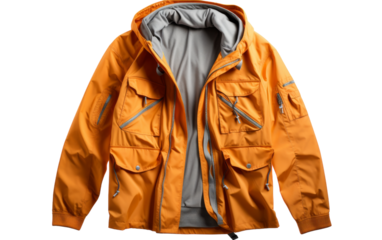 Vibrant orange jacket with hood and zippers, standing out in a sea of monotony