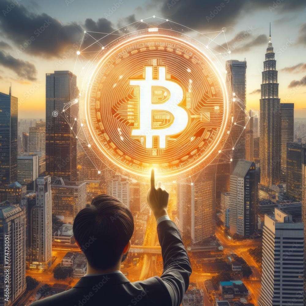 Poster a man reaches towards a giant, glowing bitcoin symbol hovering over a cityscape, representing the re