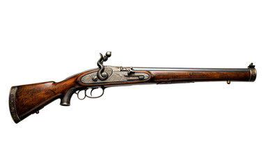 A rifle with a wooden barrel and a metal handle rests against a moss-covered tree stump in a serene forest setting