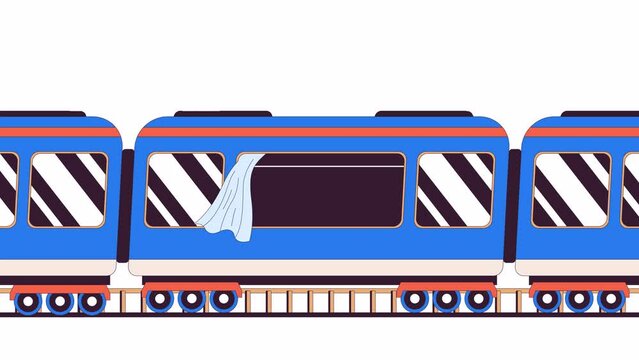 Riding train wagon window line 2D object animation. Track railway transportation flat color cartoon 4K video, alpha channel. Railroad transit. Transport rail vehicle animated item on white background