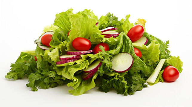 A vibrant HDR image of a fresh, green salad with various vegetables on a solid white background, showcasing the freshness and crispness of the greens.
