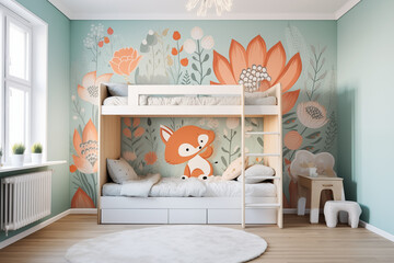 Adorable fox sits on a bunk bed in a whimsical floralfilled room